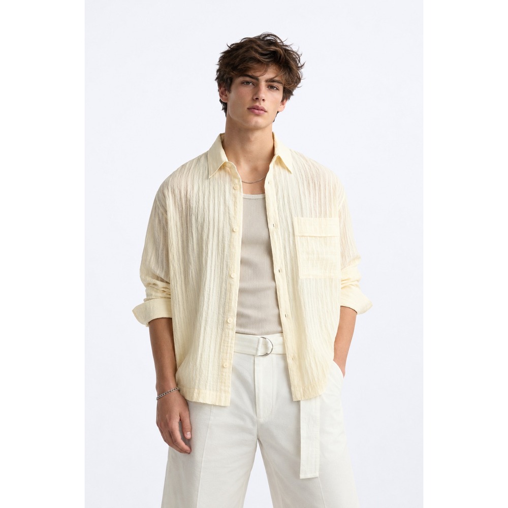 ZARA Men's New Button Up Shirt LARGE Light Yellow Striped Sheer Texture 2548/333